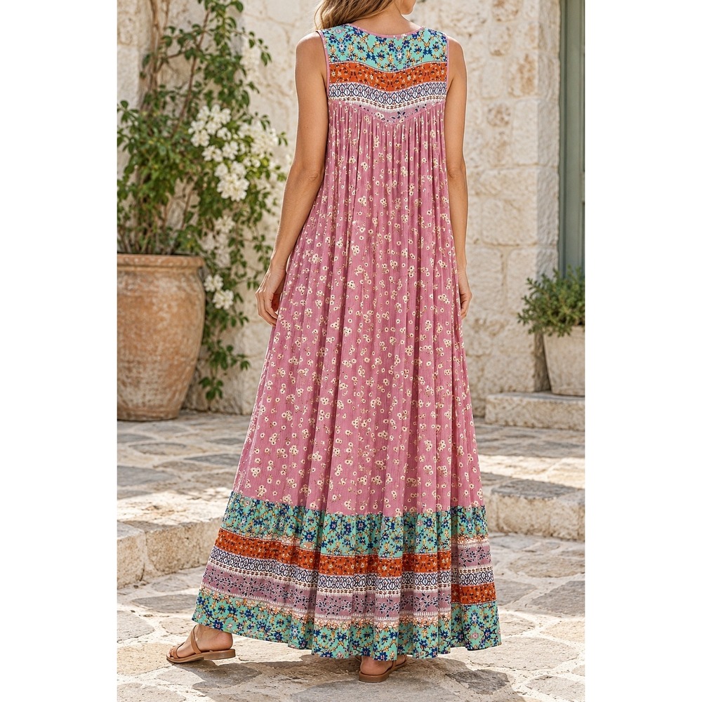 Easel Los Angeles Floral Boho Flowy Oversized Sleeveless Maxi Dress Pink Small